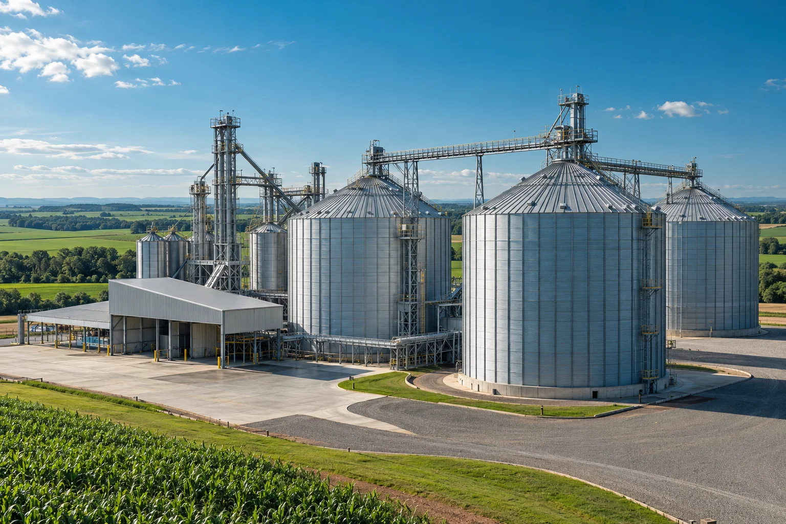 Unidade moderna de armazenagem com silos metálicos e pátio organizado
